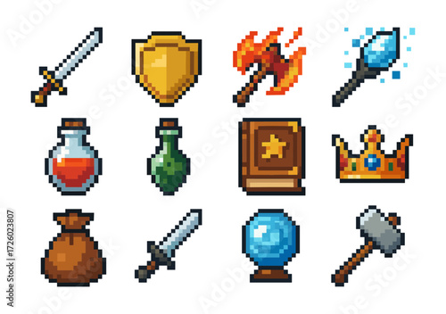 Pixel art fantasy game items collection: swords, magic, and potions