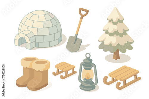 Arctic Winter Shelter Icons. Isometric vector illustration set Arctic winter shelter: igloo ice block shelter, snow shovel, sled,