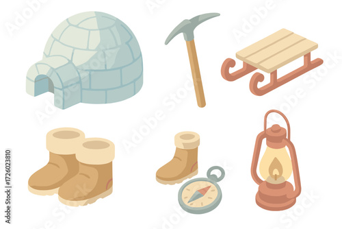 Winter Survival Gear Icons. Isometric vector illustration set Winter survival gear: igloo ice block shelter, snow axe, sled, torch