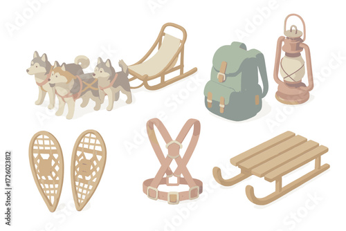 Polar Expedition Icons. Isometric vector illustration set Polar journey essentials: dog sled mush snow, wooden sled, harness