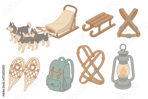 Polar Expedition Icons. Isometric vector illustration set Polar journey essentials: dog sled mush snow, wooden sled, harness