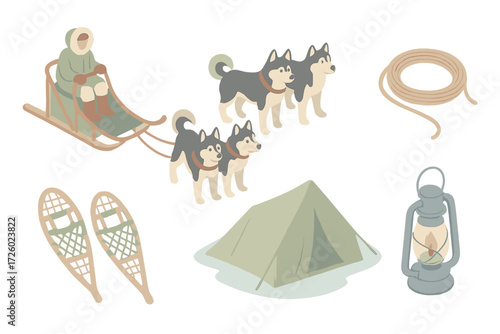 Frozen Landscape Adventure. Isometric vector illustration set Frozen landscape travel: dog sled mush snow, husky pack, sled rope,