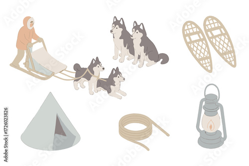 Frozen Landscape Adventure. Isometric vector illustration set Frozen landscape travel: dog sled mush snow, husky pack, sled rope,