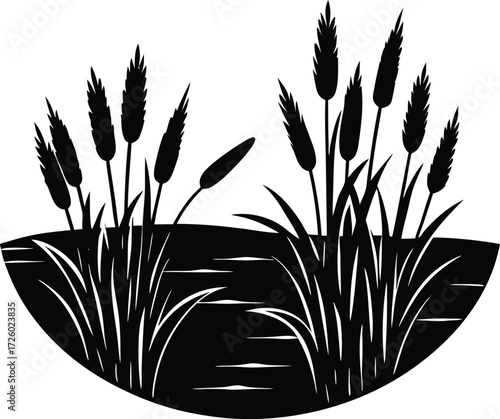 Reed By Water Silhouette | Marsh Plant Vector Illustration