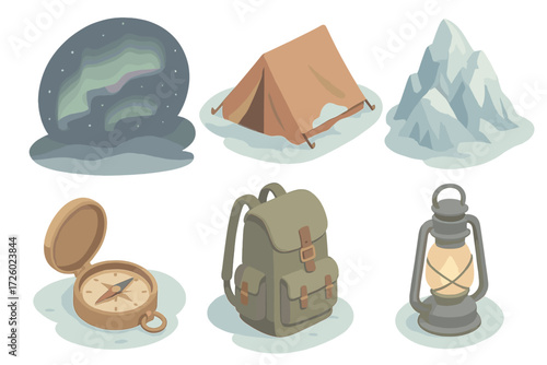 Arctic Expedition Night. Isometric vector illustration set Arctic expedition night: aurora polar light shimmer, tent on snow,