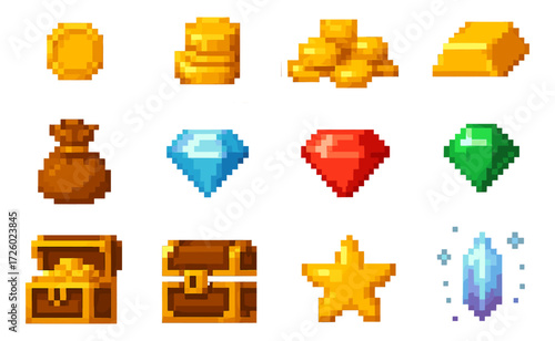 Retro pixel art currency and treasures icons for gaming