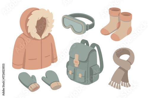 Polar Clothing Essentials. Isometric vector illustration set Polar clothing essentials: fur parka hood warm, snow goggles, wool