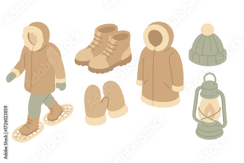 Cold Expedition Gear. Isometric vector illustration set Cold expedition outfit: snowshoe walk distribute weight, boots, fur parka,