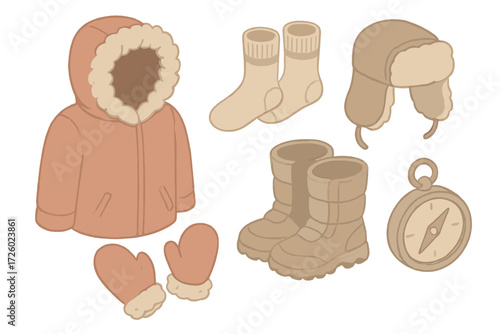 Winter Survival Gear. Isometric vector illustration set Winter survival gear: fur parka hood warm, wool socks, snow boots, mittens