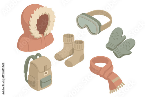 Polar Clothing Essentials. Isometric vector illustration set Polar clothing essentials: fur parka hood warm, snow goggles, wool