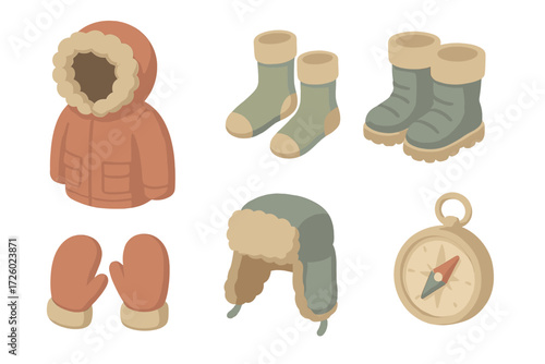 Winter Survival Gear. Isometric vector illustration set Winter survival gear: fur parka hood warm, wool socks, snow boots, mittens