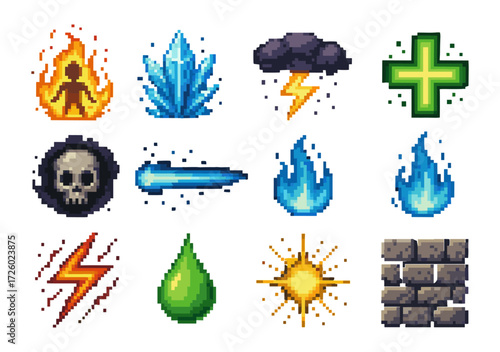 Pixel art icons: elements and symbols for gaming interfaces