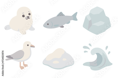 Arctic Ecosystem Icons. Isometric vector illustration set Arctic ecosystem: seal pup fluffy white, fish, ice chunk, seagull, snowy