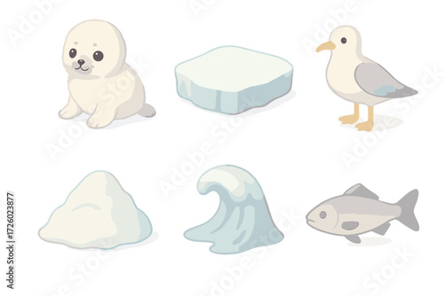 Arctic Baby Wildlife Icons. Isometric vector illustration set Arctic wildlife baby: seal pup fluffy white, icy floe, seagull, snow