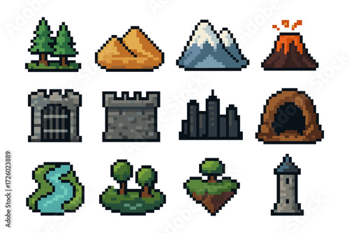 Pixel art icons of nature and structures with mountains and volcano