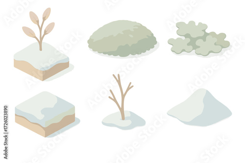 Frozen Tundra Vegetation. Isometric vector illustration set Frozen soil vegetation: frozen tundra permafrost plant, moss carpet,