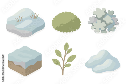 Frozen Tundra Vegetation. Isometric vector illustration set Frozen soil vegetation: frozen tundra permafrost plant, moss carpet,