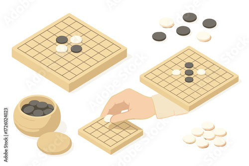 Isometric Go Game Scene. Isometric vector illustration set Go playing session: go stone capture territory, wood board layout,