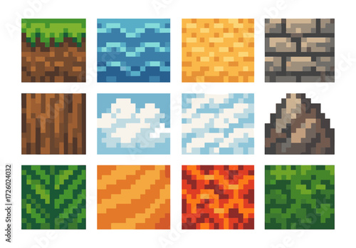 Pixel art game textures: grass, water, sand, stone, wood, clouds, ice, rock, leaf, lava, jungle patterns