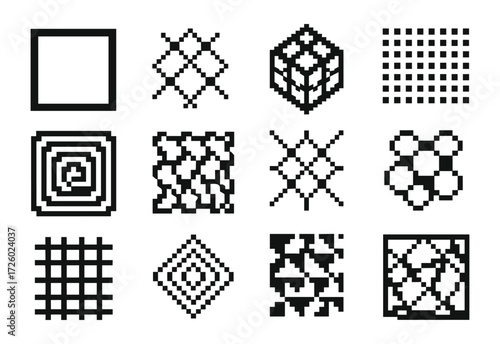 Geometric abstract pixel art patterns in black and white
