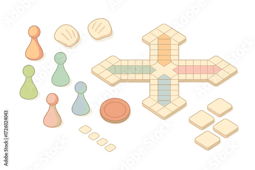 Isometric Pachisi Game Design. Isometric vector illustration set Four-way strategy game: pachisi pawn home path, cross-shaped