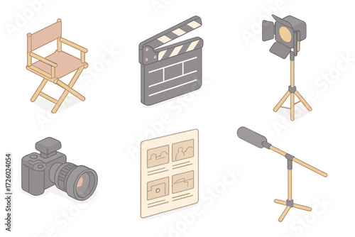 Cinematic Tools Icons. Isometric vector illustration set Cinematic tools: director chair clapboard shot, light stand, camera with