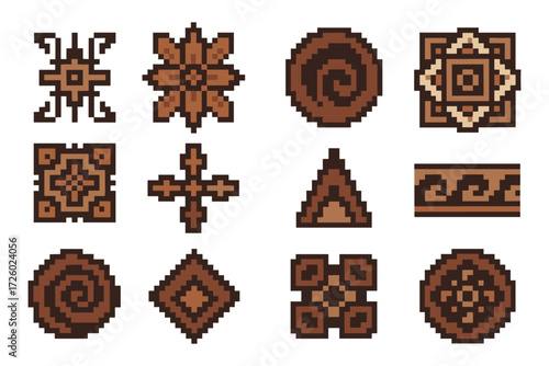 Retro pixel art patterns: geometric and floral designs in earth tones