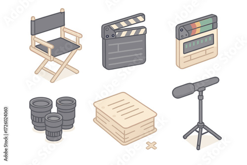 Film Equipment Icons. Isometric vector illustration set Movie direction gear: director chair clapboard shot, digital slate, lens