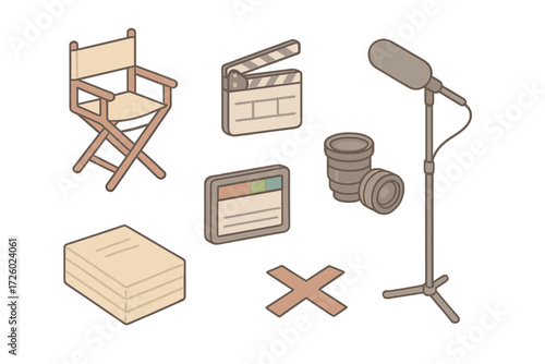 Film Equipment Icons. Isometric vector illustration set Movie direction gear: director chair clapboard shot, digital slate, lens