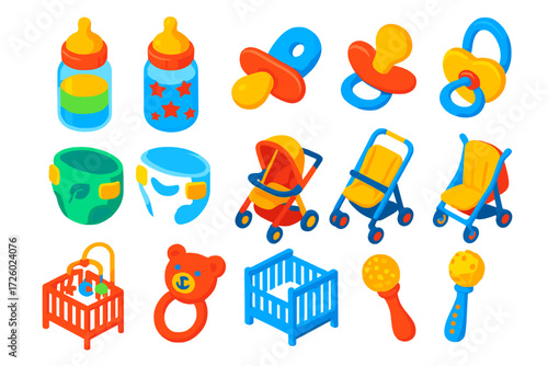 Bold Baby Icons. Isometric vector illustration set baby icons: heat-sensitive baby bottle, decorated baby bottle, flat pacifier,