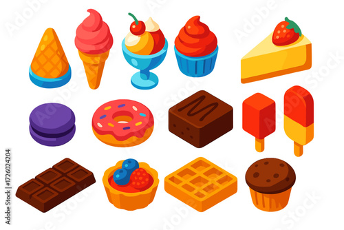 Vibrant Dessert Icons. Isometric vector illustration set Dessert Shop: ice cream cone, sundae glass, cupcake, cheesecake slice,