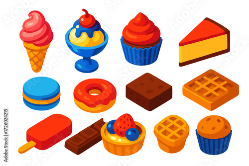Vibrant Dessert Icons. Isometric vector illustration set Dessert Shop: ice cream cone, sundae glass, cupcake, cheesecake slice,