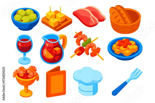 Tapas Bar Icons. Isometric vector illustration set Tapas Bar: olives bowl, cheese cubes, ham slices, bread basket, wine glass,