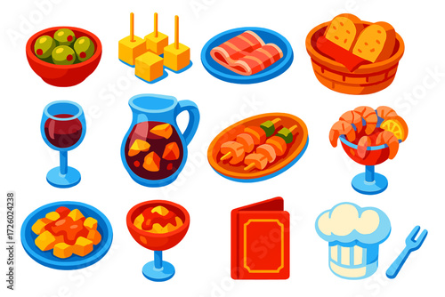 Tapas Bar Icons. Isometric vector illustration set Tapas Bar: olives bowl, cheese cubes, ham slices, bread basket, wine glass,