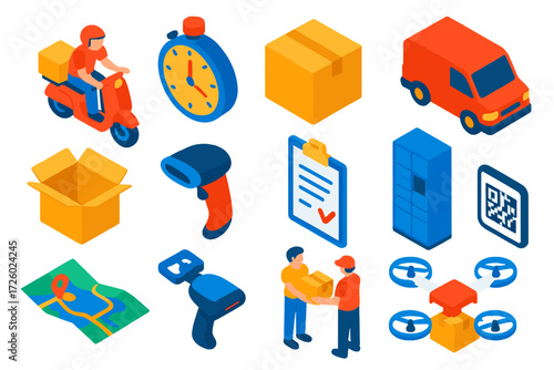 Express Delivery Icons. Isometric vector illustration set Express Delivery: motorcycle courier, stopwatch, package box, delivery