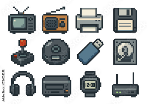 Retro electronics and gadgets set in classic pixel art style