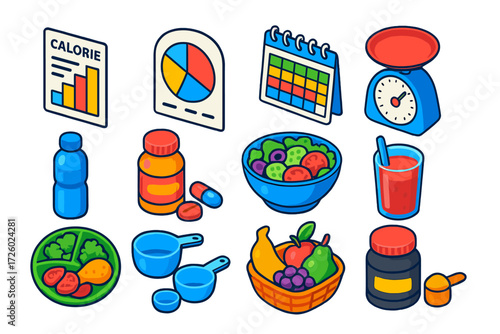 Healthy Eating Essentials. Isometric vector illustration set Healthy Eating Essentials: calorie chart, macro nutrient diagram,