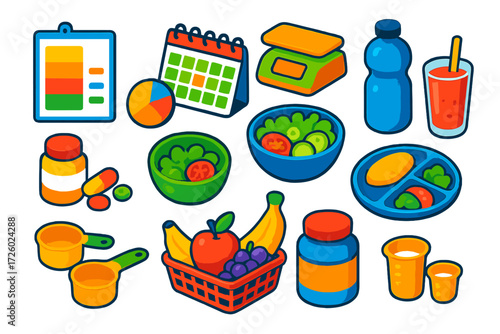 Healthy Eating Essentials. Isometric vector illustration set Healthy Eating Essentials: calorie chart, macro nutrient diagram,