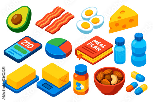 Keto Diet Essentials Icons. Isometric vector illustration set Keto Diet Icons: avocado, bacon strips, boiled eggs, cheese slice,