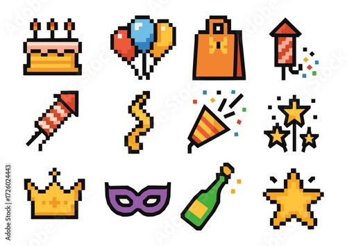 Colorful pixel art celebration icons for parties and festive events