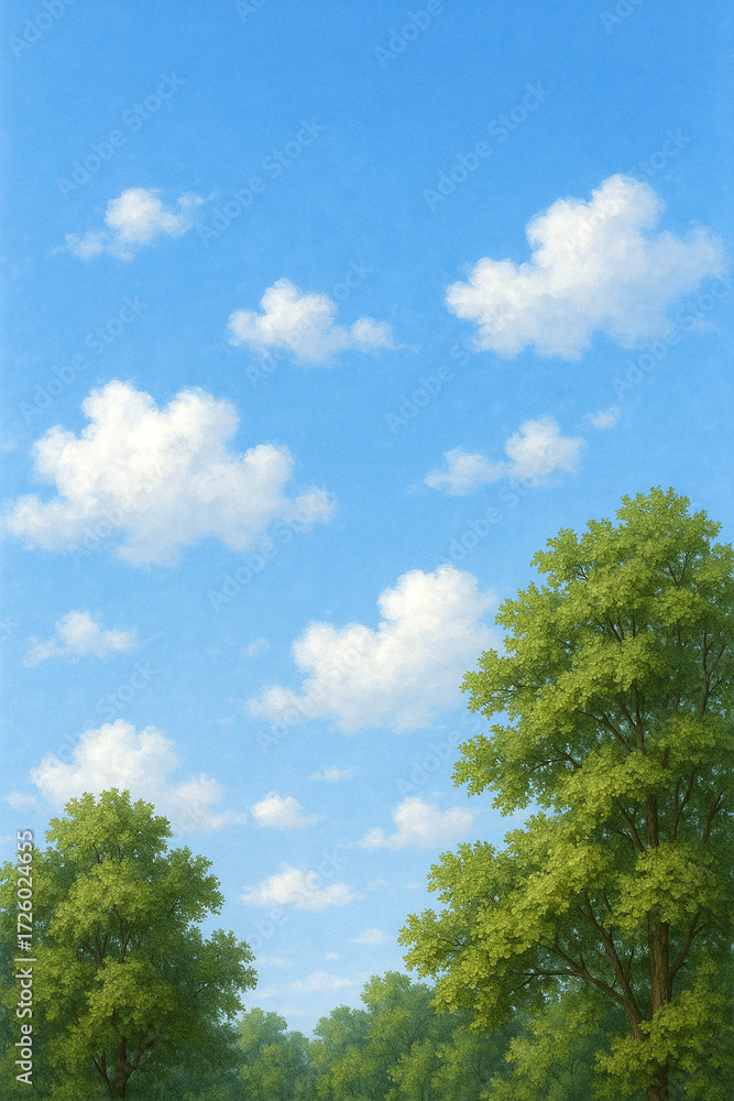 Obraz premium Clear Blue Sky with White Clouds and Green Treetops
