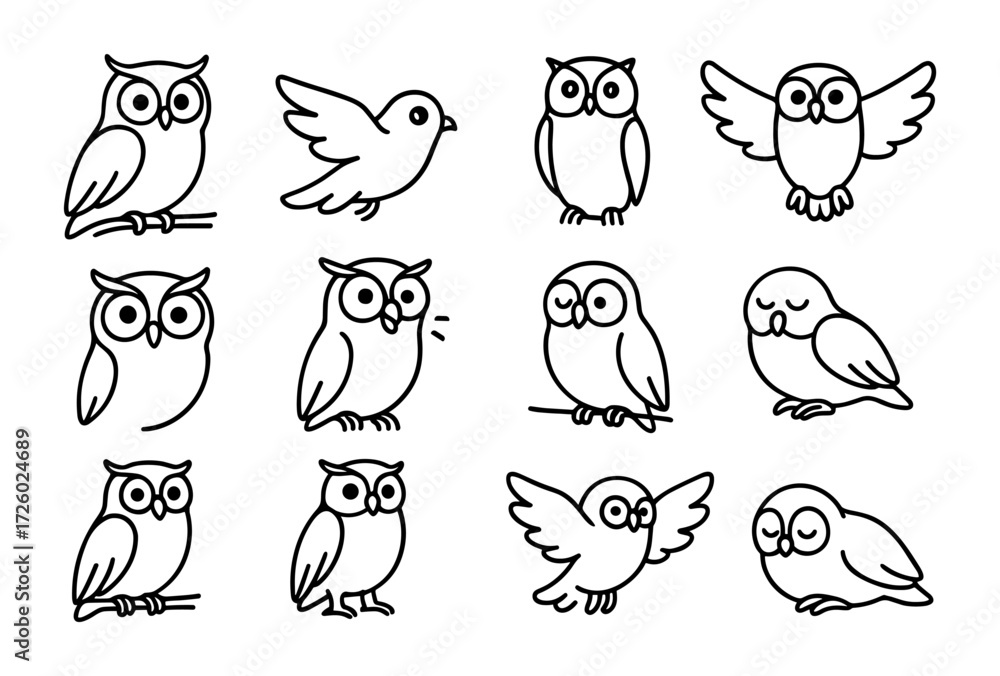 Fototapeta premium Cute cartoon owl and bird icons in simple black outline style