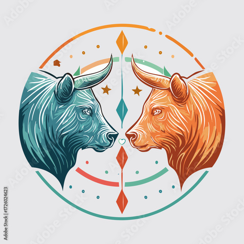 Minimalist line art vector illustration of a stock market bear and bull facing off symbolizing financial trading and economic competition isolated on a clean white background