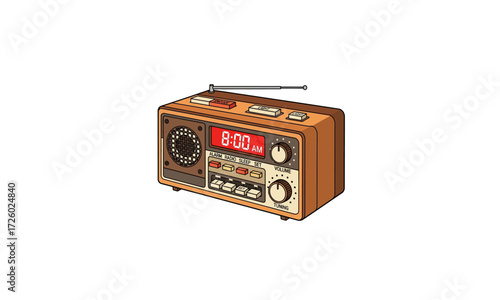 Classic retro wooden radio with digital clock display and telescopic antenna.