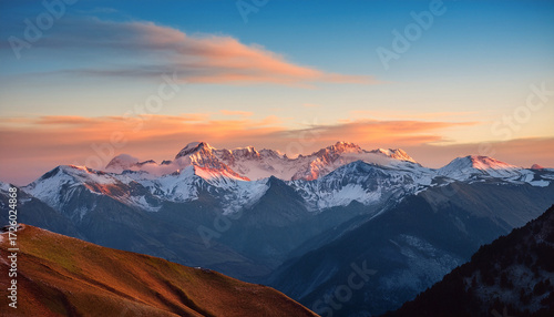 The Pyrenees Mountains With Snow Capped Peaks At Sunset