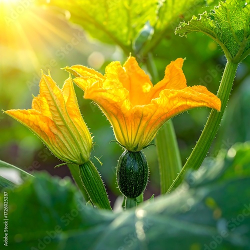 Fototapeta Naklejka Na Ścianę i Meble -  Vibrant yellow flowers on zucchini plant