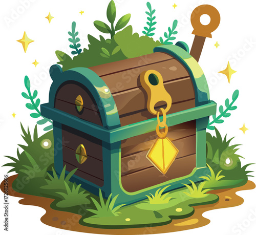 Enchanted treasure chest overflowing with mysterious riches and lush greenery
