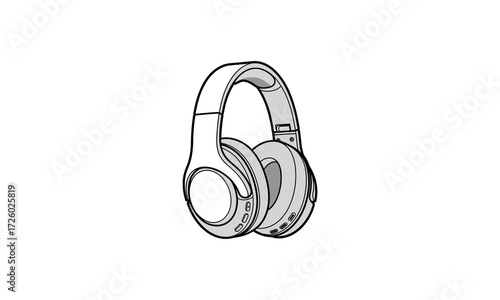 Detailed Line Art Illustration of Modern Over-Ear Wireless Headphones.