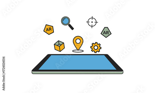 Digital Tablet Displaying Augmented Reality Icons and Navigation Symbols.