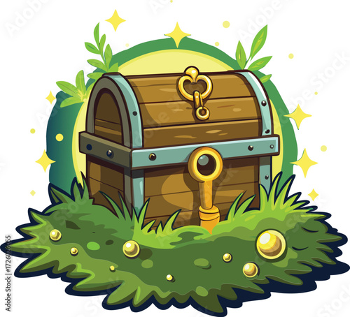 Enchanted wooden treasure chest with golden key and sparkling greenery